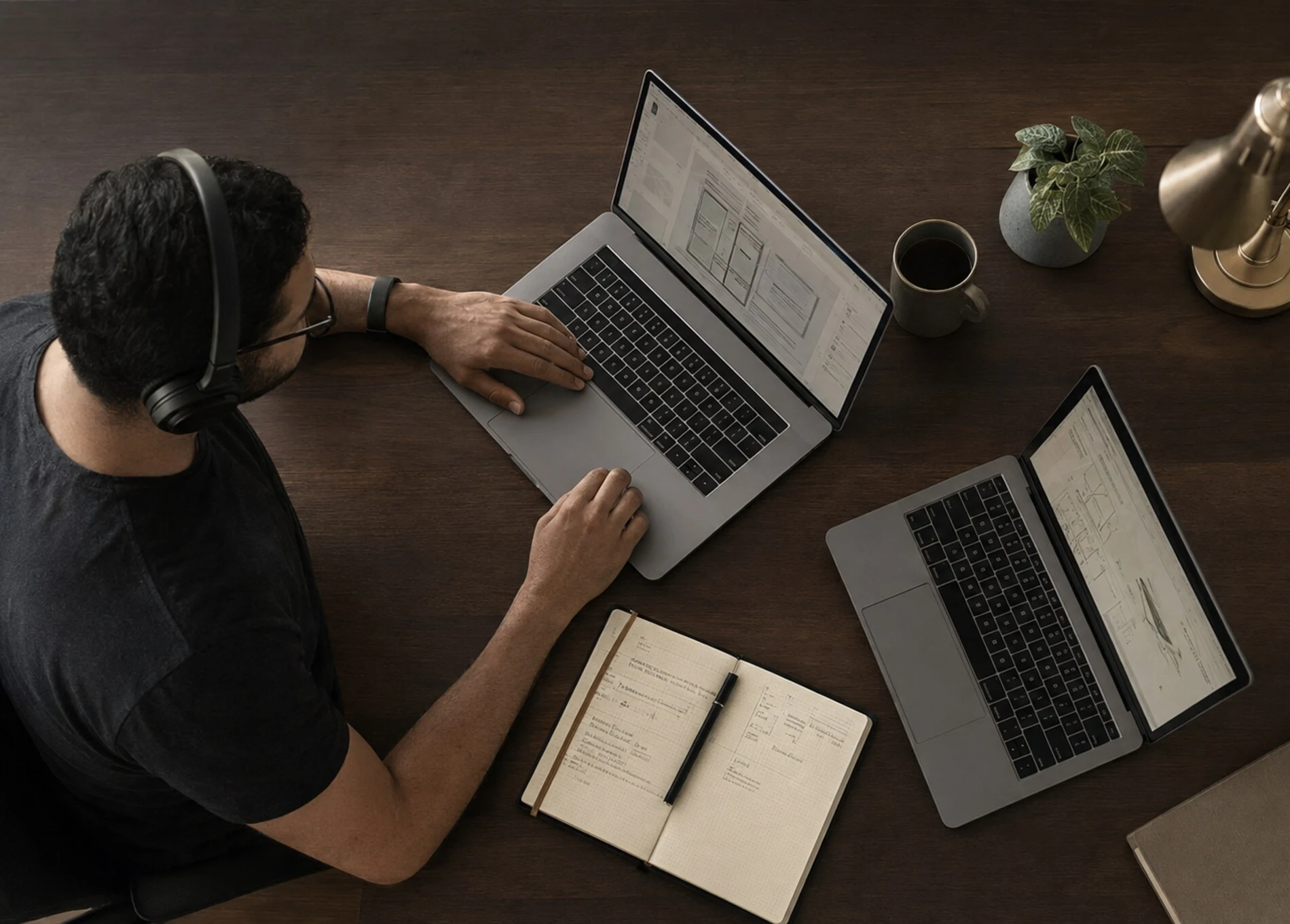 Vista cenital de una persona trabajando con dos laptops sobre una mesa de madera