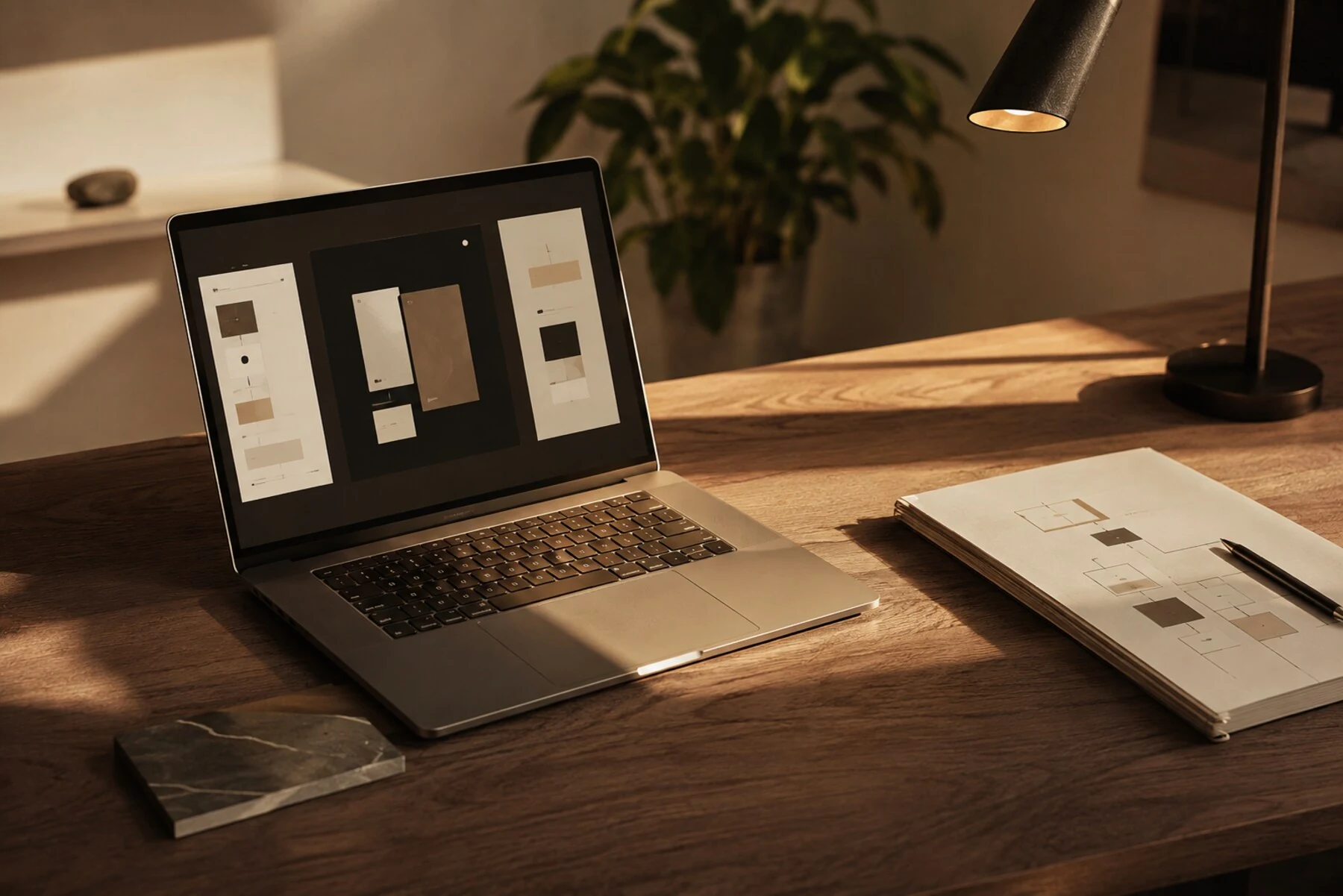 Laptop abierta sobre un escritorio de madera, con luz cálida de atardecer