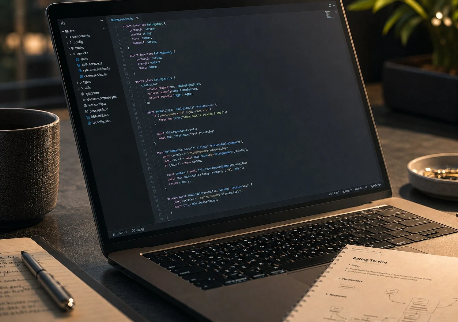 Código fuente en pantalla, con comentarios de documentación y resaltado de sintaxis